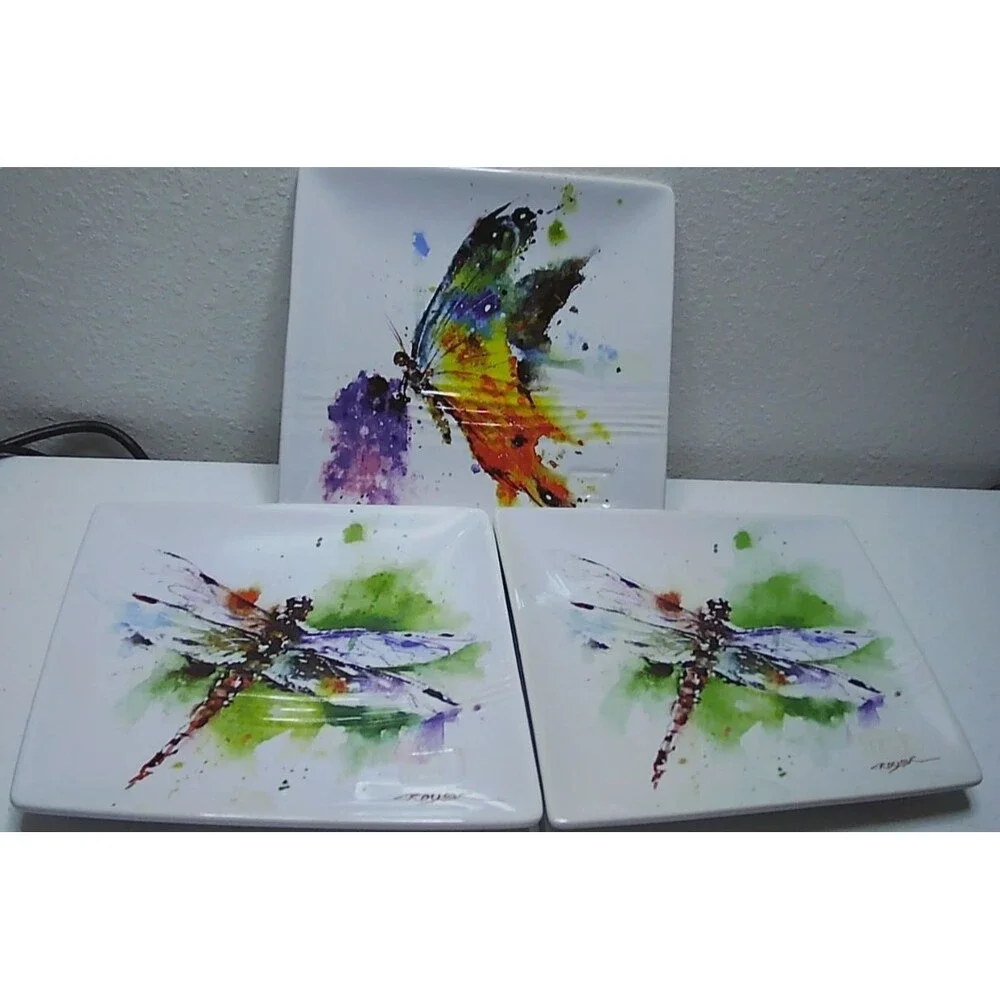 Dean Crouser Dragonfly Art Plates Set 3 Big Sky Carvers Square Plate